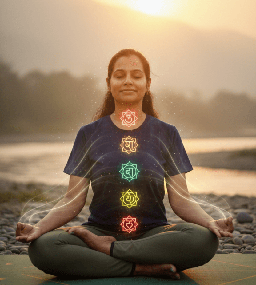 Indian yoga instructor meditating with five chakras aligned – YogaFit by Dr Garima Delhi